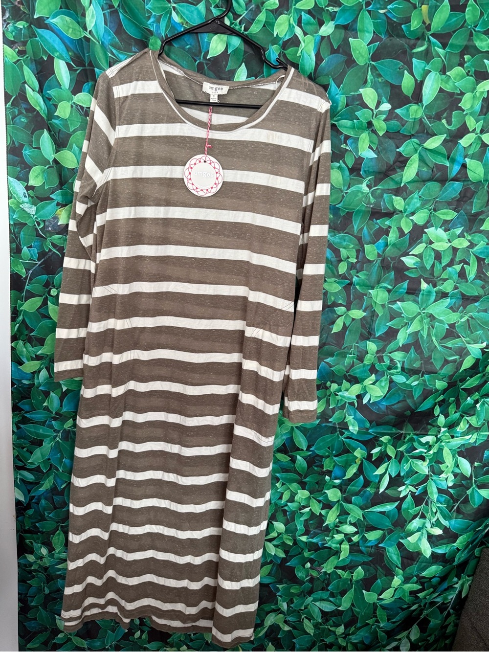 Umgee Long Sleeve Striped Midi Dress - Taupe & White